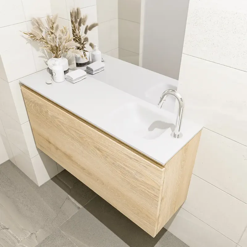 Actieprijs Mondiaz Olan 100cm toiletmeubel washed oak met wastafel talc rechts 1 kraangat