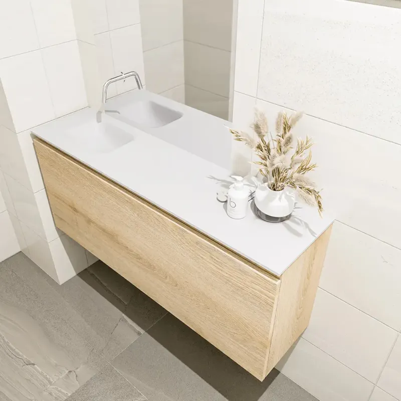 Aanbieding Mondiaz Olan 120cm toiletmeubel washed oak met wastafel talc links geen kraangat