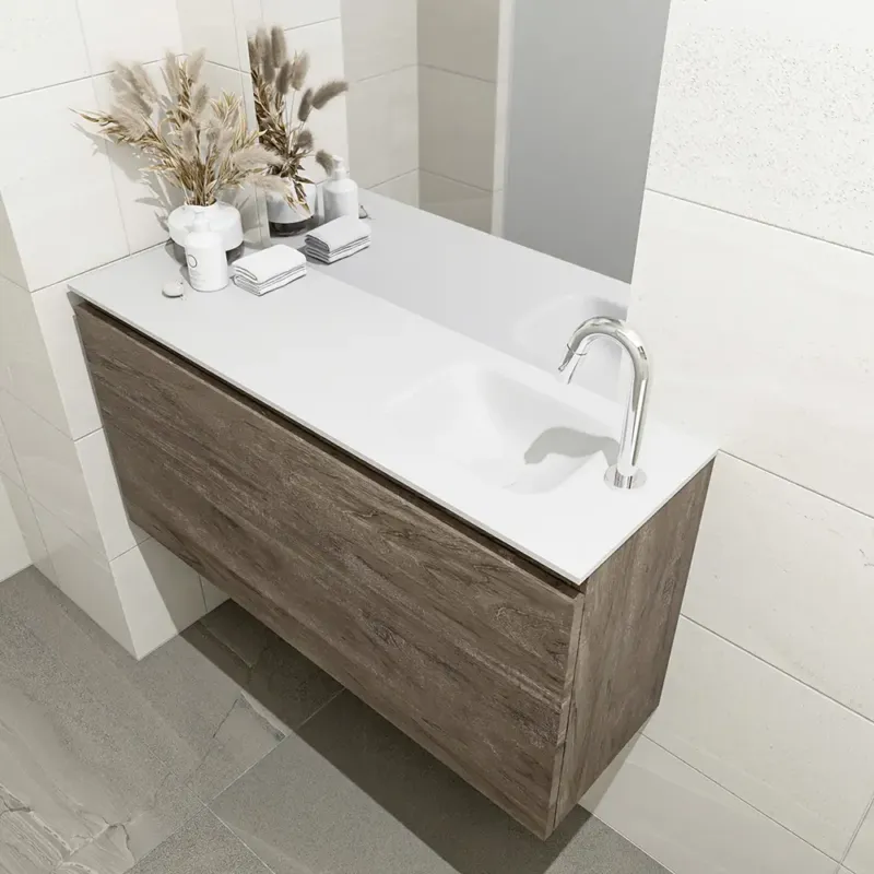 Beste Prijs Mondiaz Olan 100cm toiletmeubel dark brown met wastafel talc rechts 1 kraangat