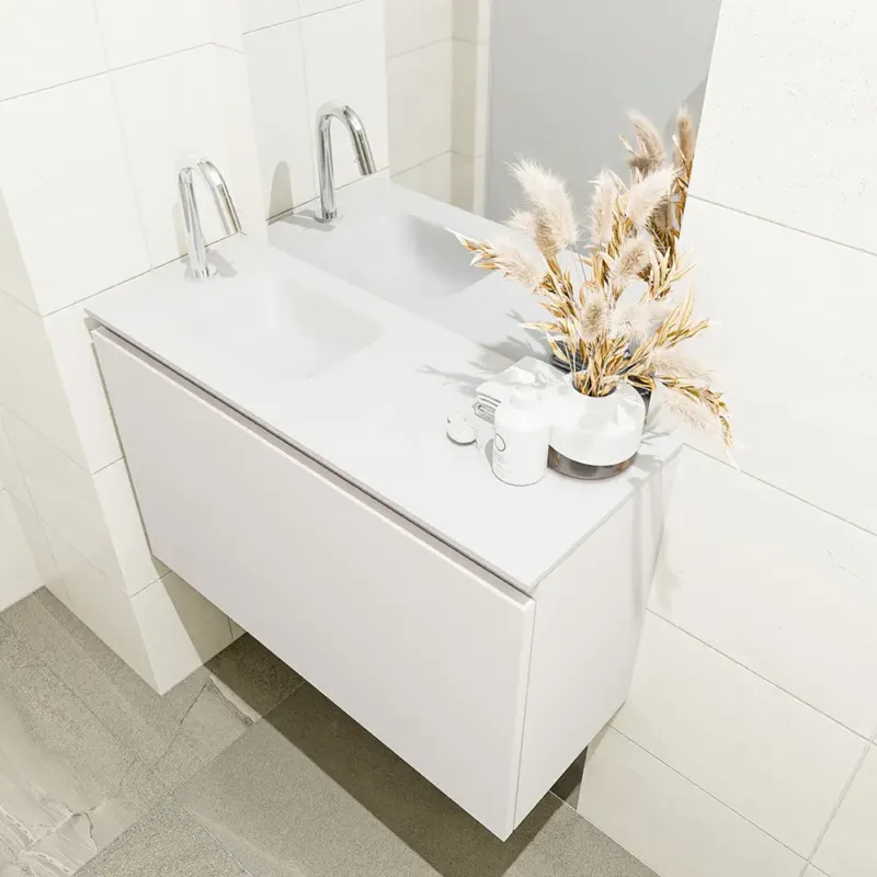 Aanbieding Mondiaz Olan 80cm toiletmeubel linen met wastafel talc links 1 kraangat