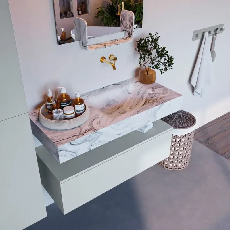 Veilige Betaling Mondiaz Alan DLux badmeubel 100cm clay 1 lade met wastafel glace rechts zonder kraangat