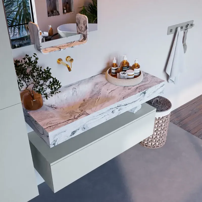 Mondiaz Alan DLux badmeubel 110cm clay 1 lade met wastafel glace links zonder kraangat Hoge Kwaliteit
