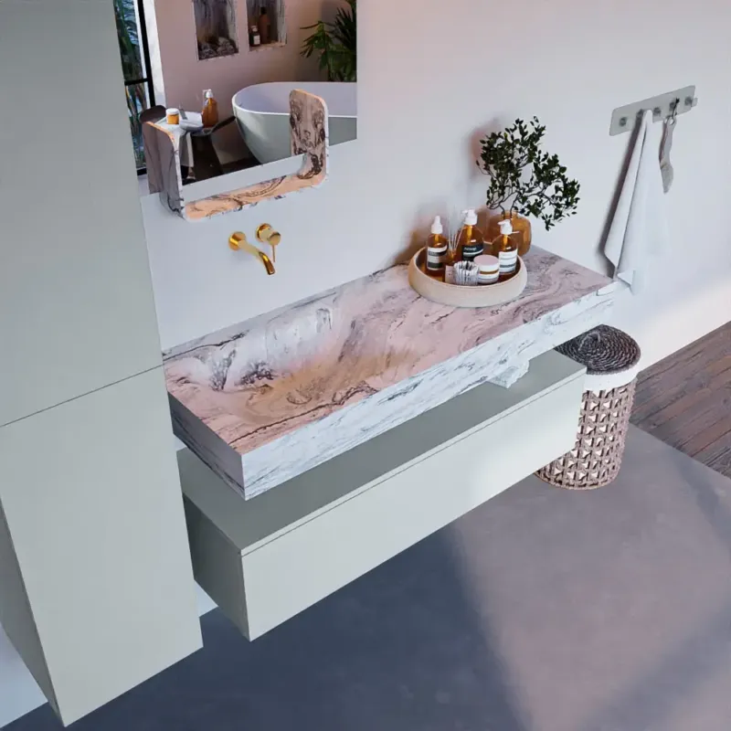 Actieprijs Mondiaz Alan DLux badmeubel 120cm clay 1 lade met wastafel glace links zonder kraangat