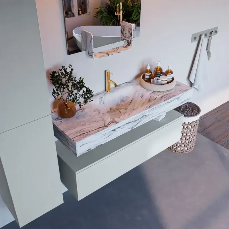 Beperkte Voorraad Mondiaz Alan DLux badmeubel 120cm clay 1 lade met wastafel glace midden 1 kraangat