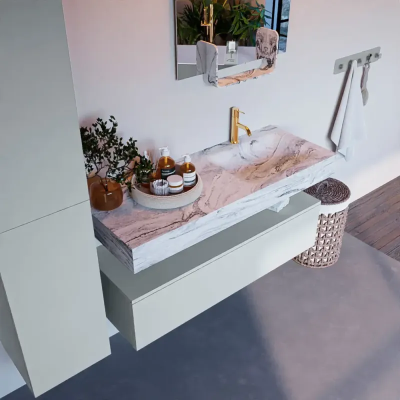 Express Levering Mondiaz Alan DLux badmeubel 120cm clay 1 lade met wastafel glace rechts 1 kraangat
