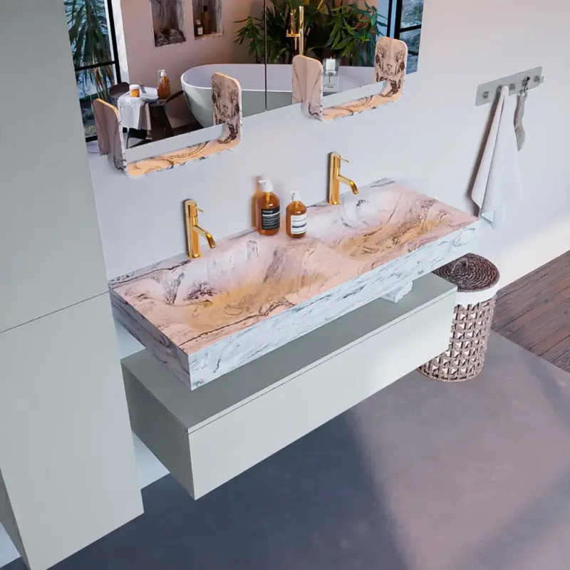 Favoriet Mondiaz Alan DLux badmeubel 120cm clay 1 lade met wastafel glace dubbel 2 kraangaten