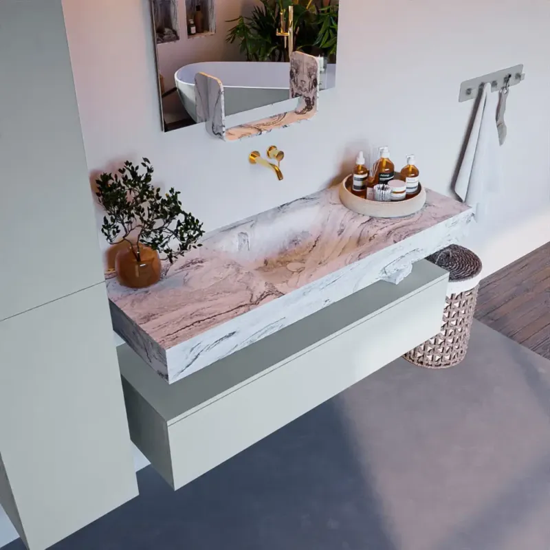 Mondiaz Alan DLux badmeubel 130cm clay 1 lade met wastafel glace midden zonder kraangat Gratis Retour
