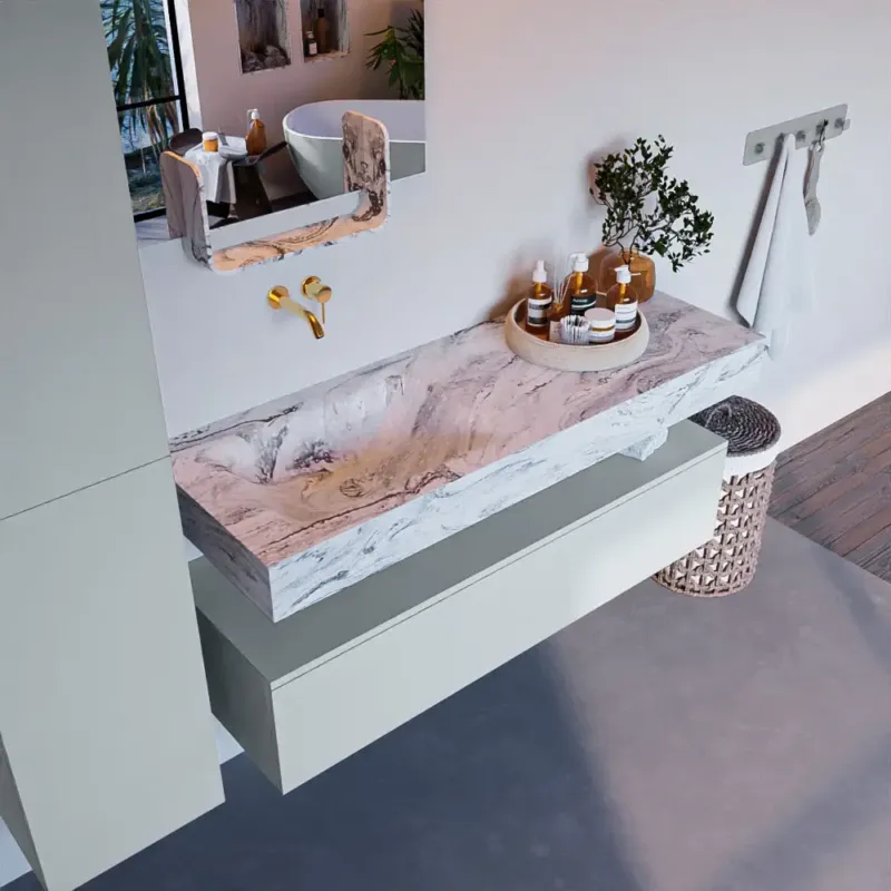 Veilige Betaling Mondiaz Alan DLux badmeubel 130cm clay 1 lade met wastafel glace links zonder kraangat