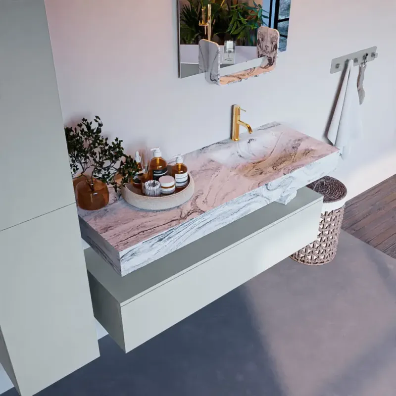 Mondiaz Alan DLux badmeubel 130cm clay 1 lade met wastafel glace rechts 1 kraangat Meest Verkocht