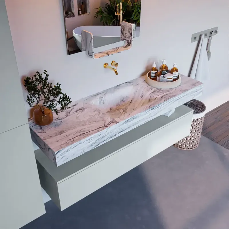 Veilige Betaling Mondiaz Alan DLux badmeubel 150cm clay 1 lade met wastafel glace midden zonder kraangat
