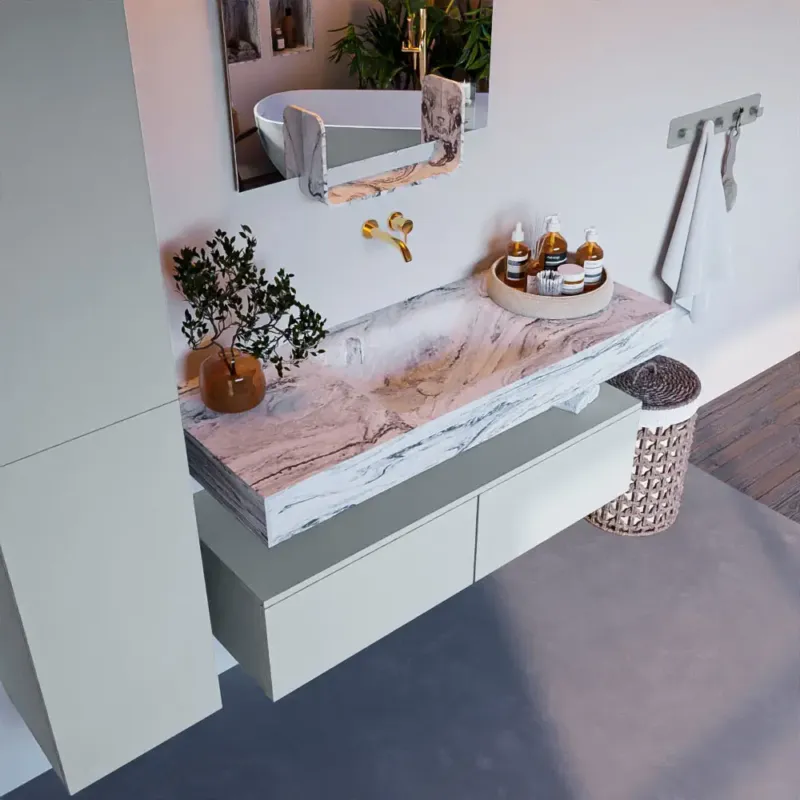 Veilige Betaling Mondiaz Alan DLux badmeubel 120cm clay 2 lades met wastafel glace midden zonder kraangat