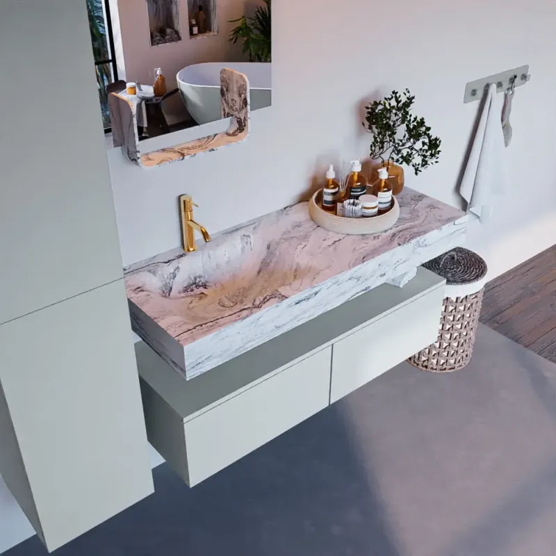Uitverkoop Mondiaz Alan DLux badmeubel 120cm clay 2 lades met wastafel glace links 1 kraangat