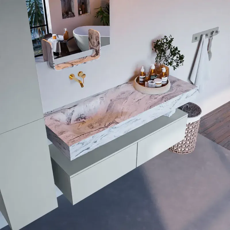 Mondiaz Alan DLux badmeubel 130cm clay 2 lades met wastafel glace links zonder kraangat Laatste Kans