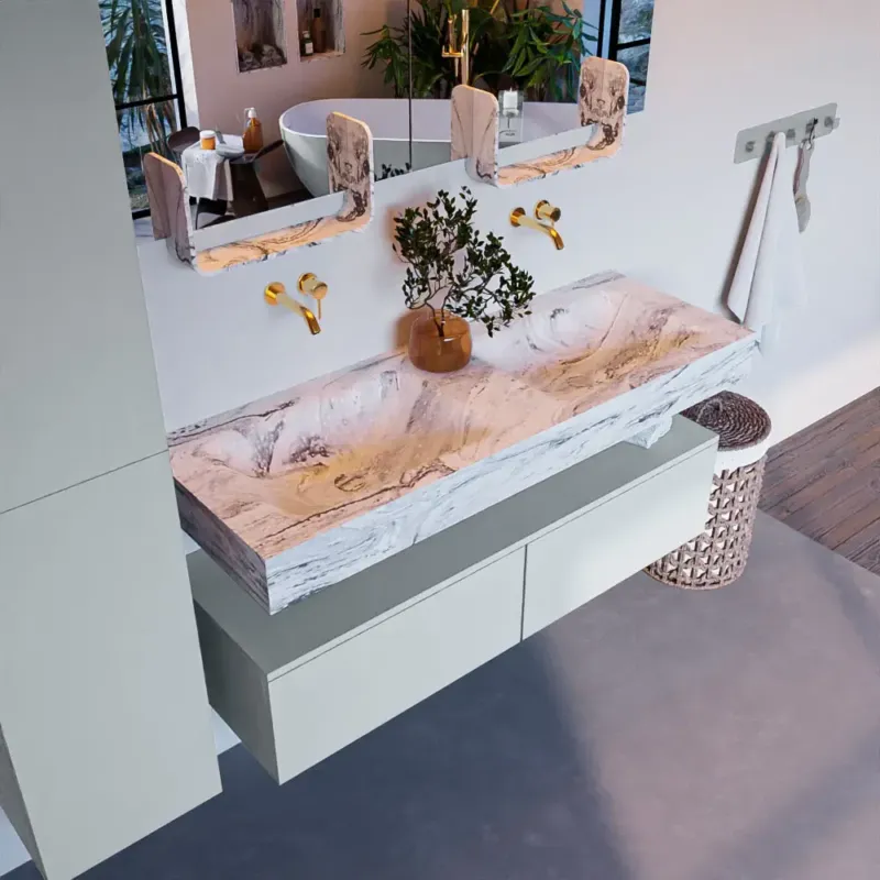 Uitverkoop Mondiaz Alan DLux badmeubel 130cm clay 2 lades met wastafel glace dubbel zonder kraangat
