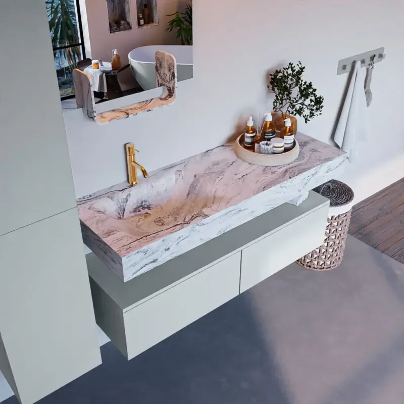 Mondiaz Alan DLux badmeubel 130cm clay 2 lades met wastafel glace links 1 kraangat Favoriet