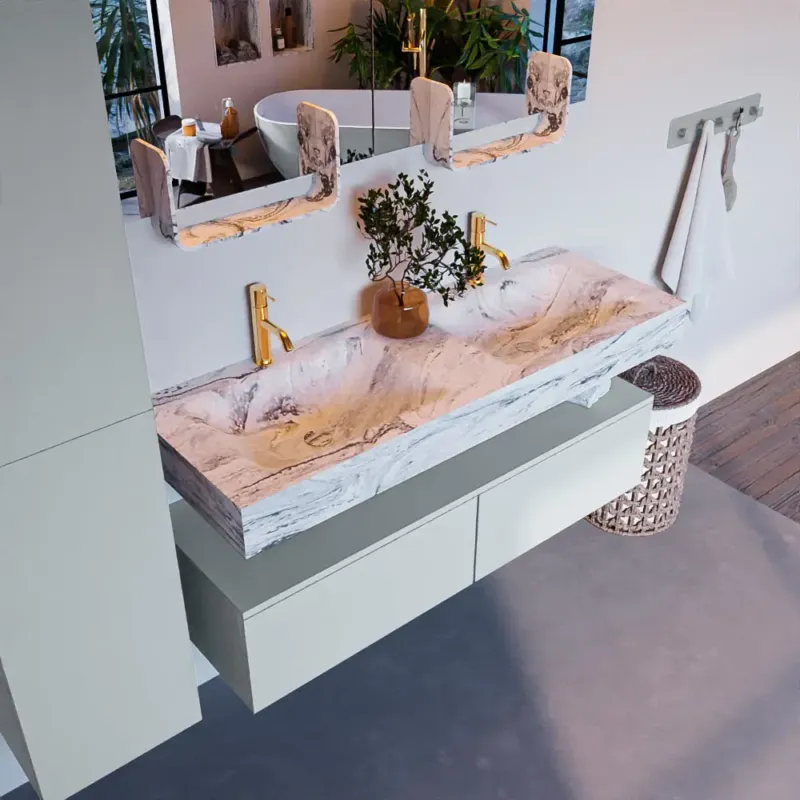 Speciale Aanbieding Mondiaz Alan DLux badmeubel 130cm clay 2 lades met wastafel glace dubbel 2 kraangaten