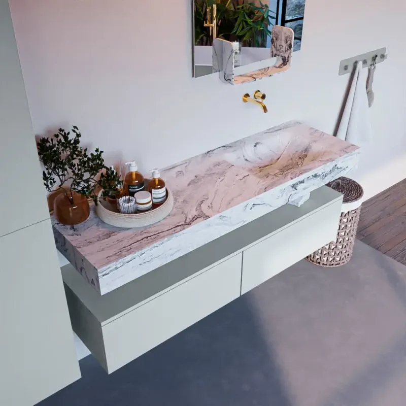 Mondiaz Alan DLux badmeubel 150cm clay 2 lades met wastafel glace rechts zonder kraangat Op = Op