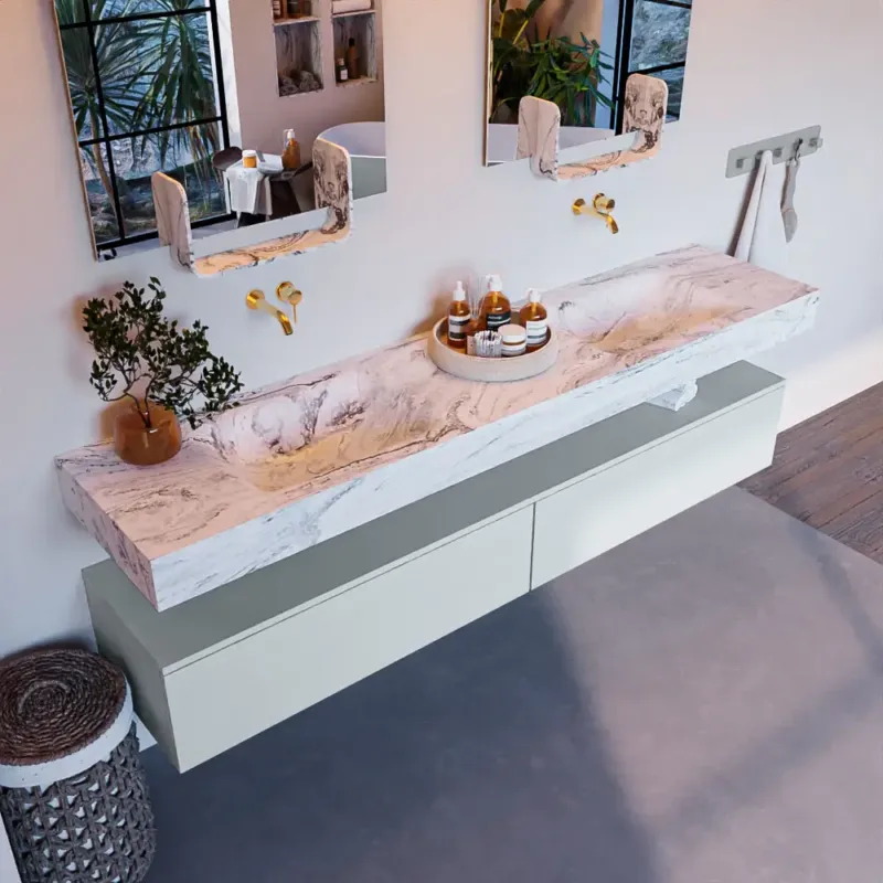 Laatste Versie Mondiaz Alan DLux badmeubel 200cm clay 2 lades met wastafel glace dubbel zonder kraangat