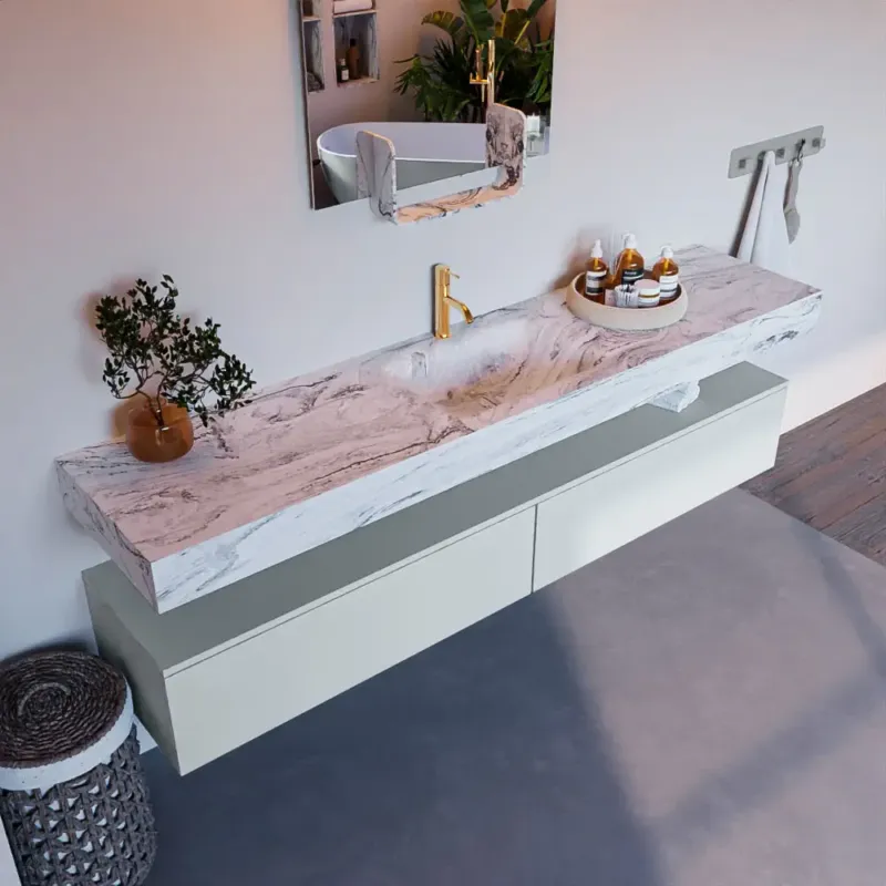 Mondiaz Alan DLux badmeubel 200cm clay 2 lades met wastafel glace midden 1 kraangat Exclusieve Aanbieding