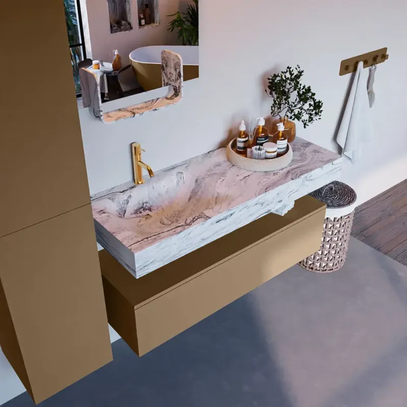 Veilige Betaling Mondiaz Alan DLux badmeubel 120cm oro 1 lade met wastafel glace links 1 kraangat
