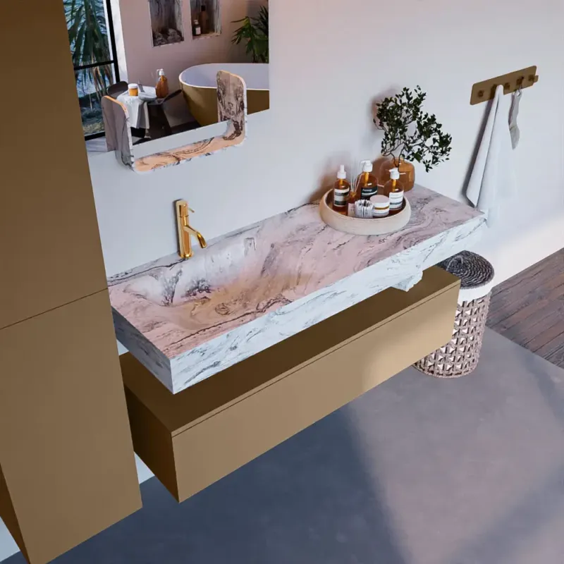 Mondiaz Alan DLux badmeubel 130cm oro 1 lade met wastafel glace links 1 kraangat Favoriet
