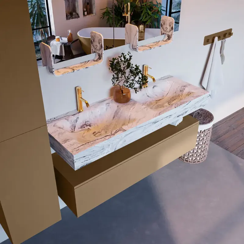 Hoge Kwaliteit Mondiaz Alan DLux badmeubel 130cm oro 1 lade met wastafel glace dubbel 2 kraangaten