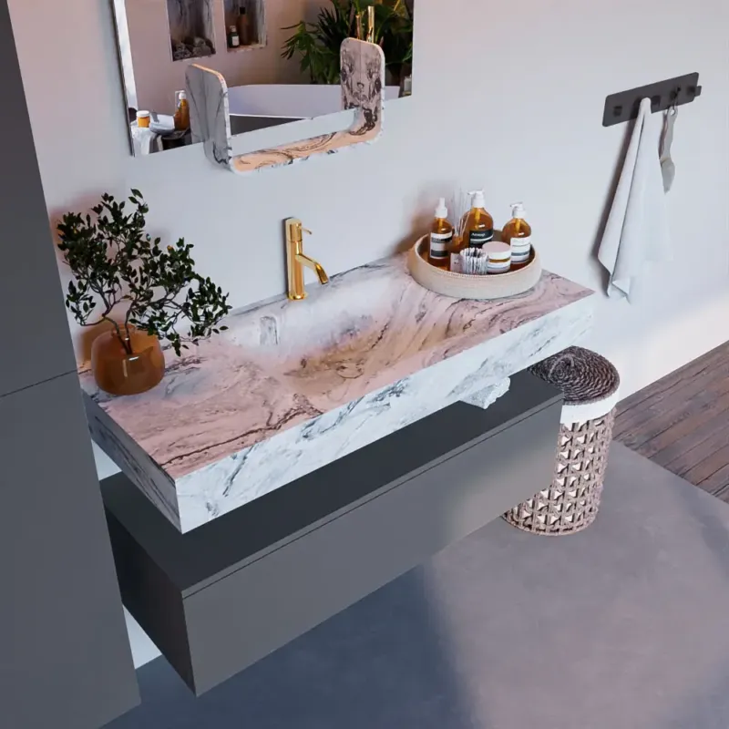 Uitverkoop Mondiaz Alan DLux badmeubel 110cm plata 1 lade met wastafel glace midden 1 kraangat