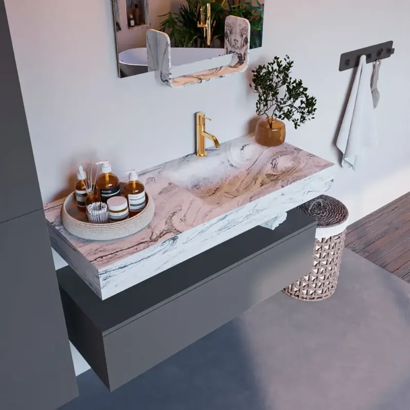 Bestseller Mondiaz Alan DLux badmeubel 110cm plata 1 lade met wastafel glace rechts 1 kraangat