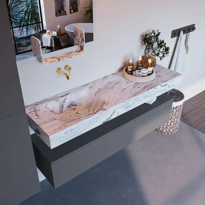 Actieprijs Mondiaz Alan DLux badmeubel 150cm plata 1 lade met wastafel glace links zonder kraangat