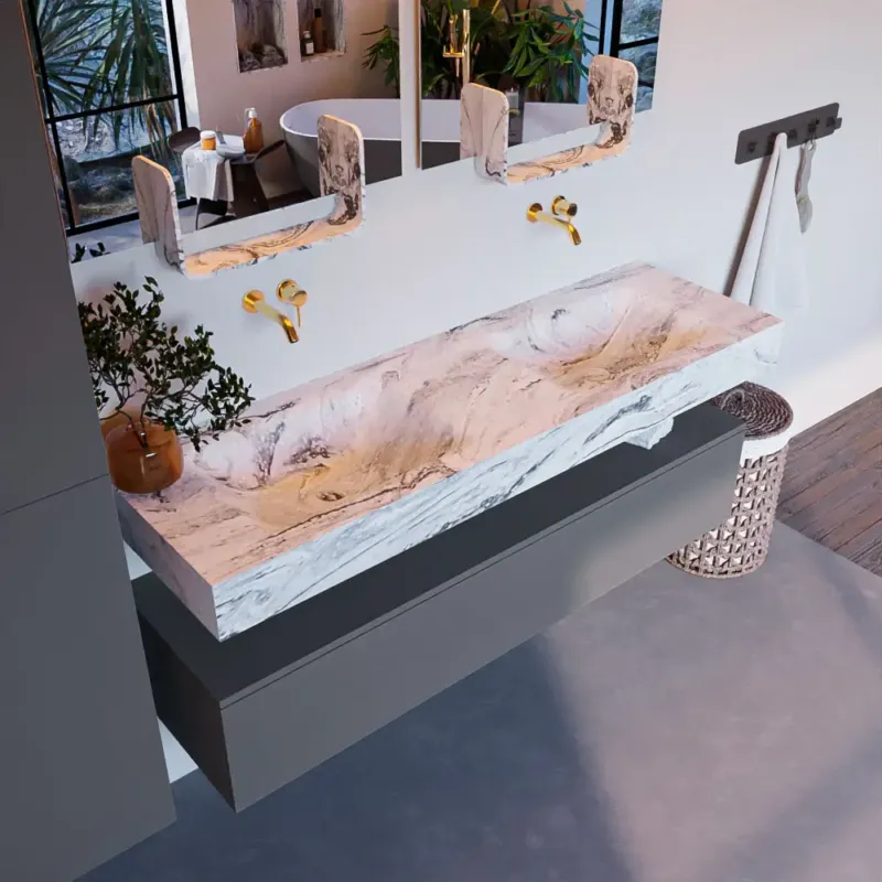 Tijdelijk Beschikbaar Mondiaz Alan DLux badmeubel 150cm plata 1 lade met wastafel glace dubbel zonder kraangat