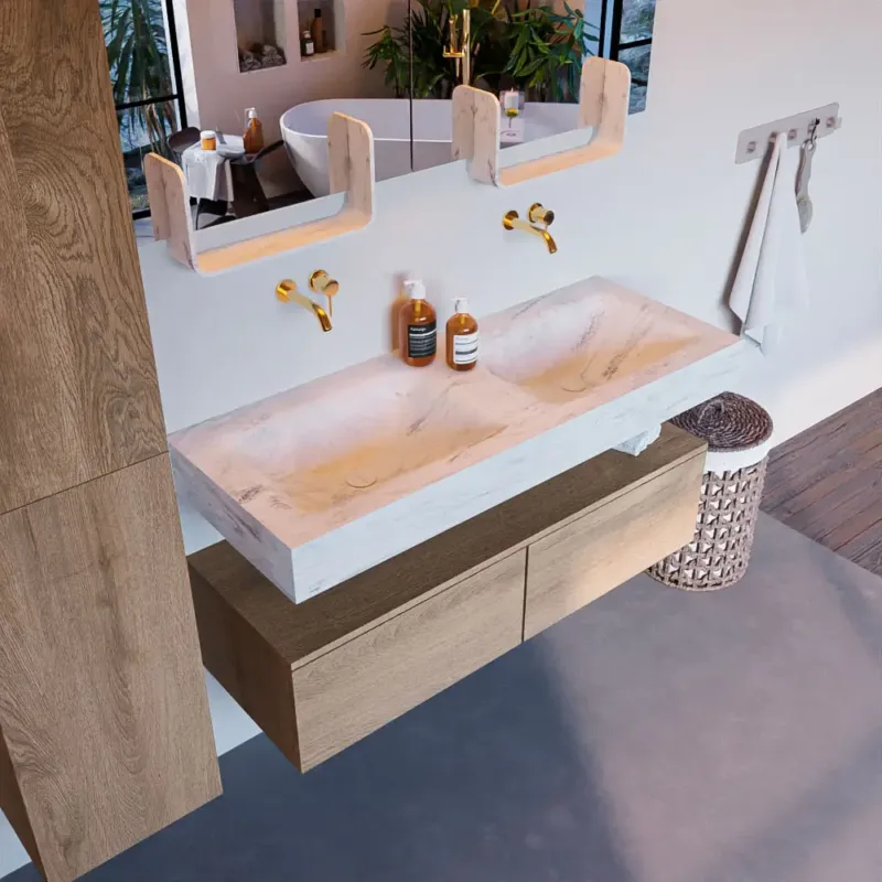 Actieprijs Mondiaz Alan DLux badmeubel 120cm washed oak 2 lades met wastafel opalo dubbel zonder kraangat