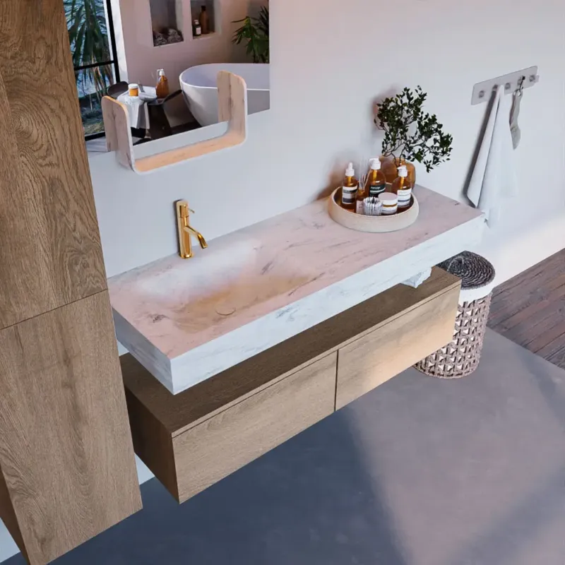 Veilige Betaling Mondiaz Alan DLux badmeubel 130cm washed oak 2 lades met wastafel opalo links 1 kraangat