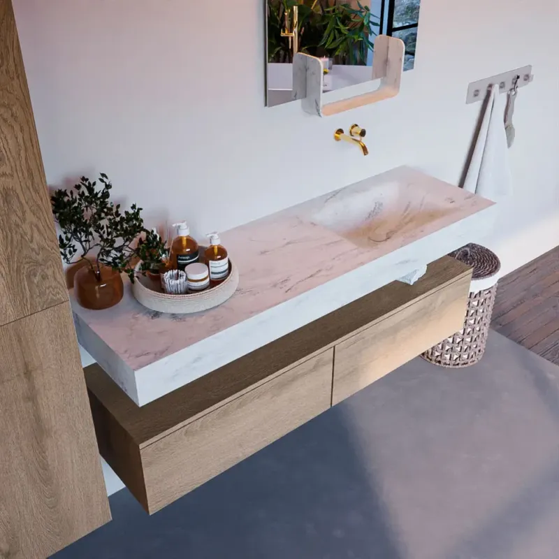 Voordeelprijs Mondiaz Alan DLux badmeubel 150cm washed oak 2 lades met wastafel opalo rechts zonder kraangat