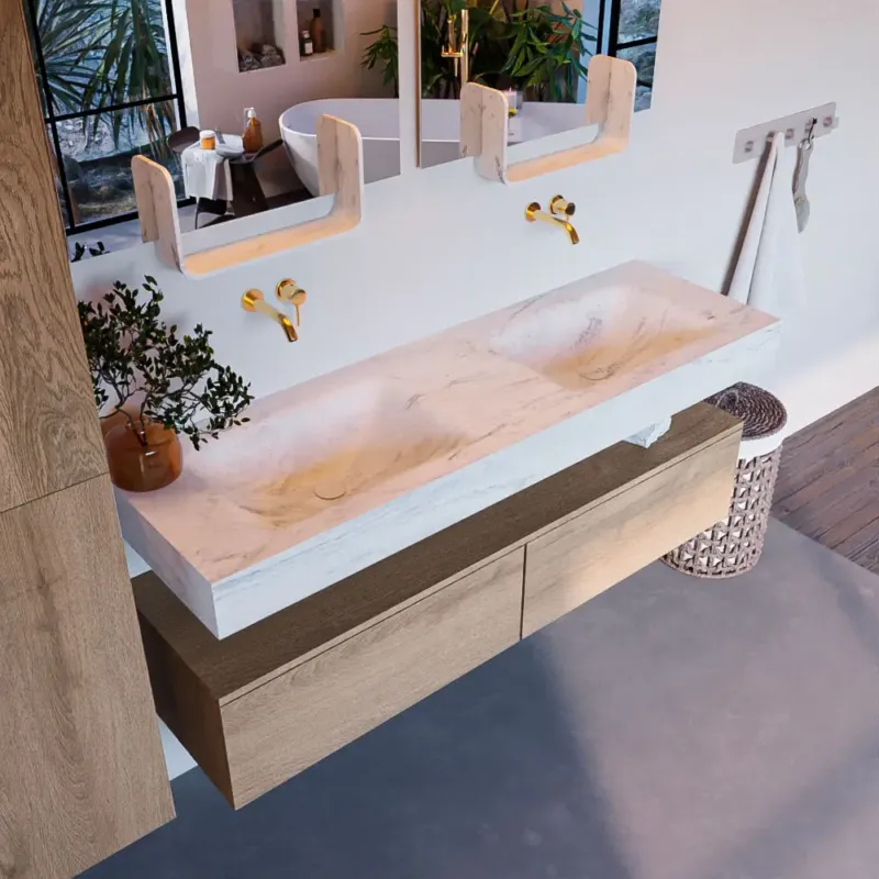 Mondiaz Alan DLux badmeubel 150cm washed oak 2 lades met wastafel opalo dubbel zonder kraangat Lage Prijs
