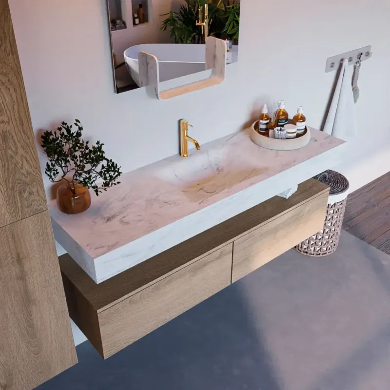 Lage Kosten Mondiaz Alan DLux badmeubel 150cm washed oak 2 lades met wastafel opalo midden 1 kraangat