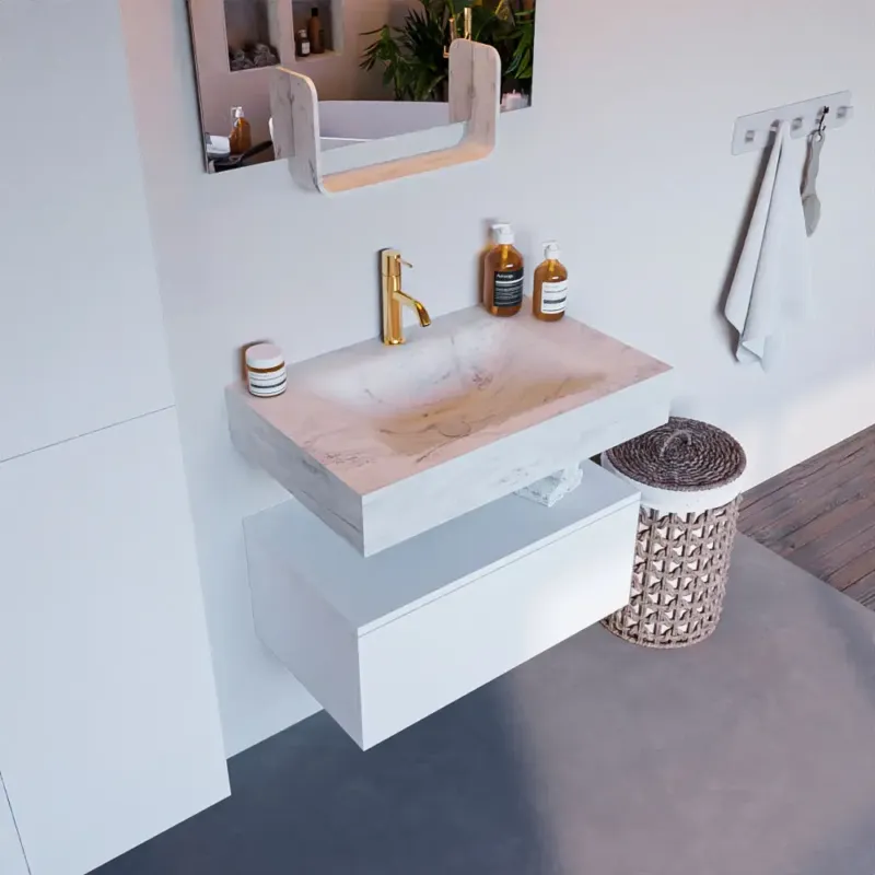 Lage Prijs Mondiaz Alan DLux badmeubel 70cm talc 1 lade met wastafel opalo midden 1 kraangat