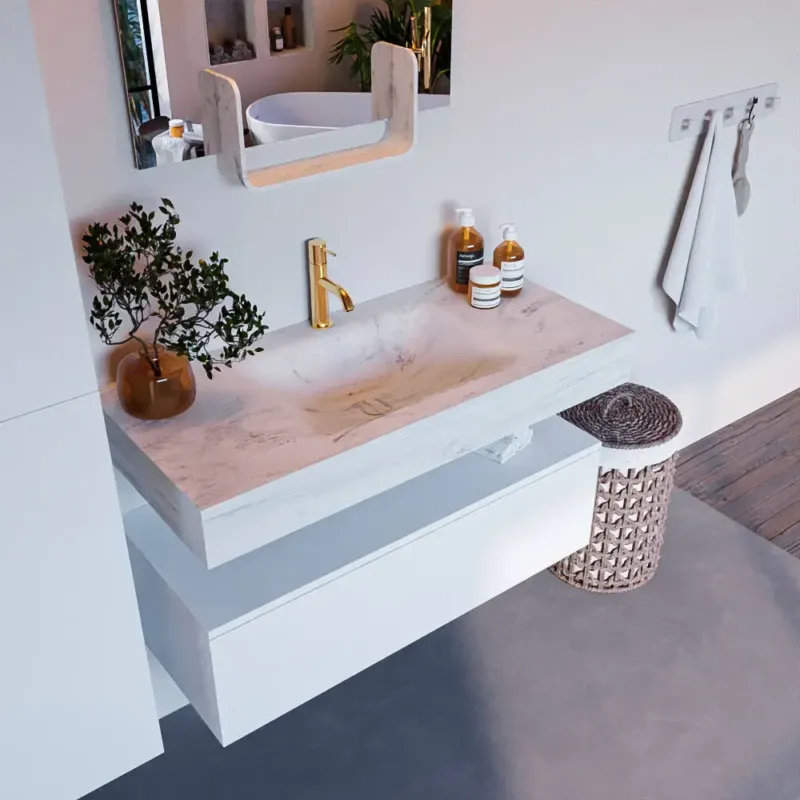 Aanbieding Mondiaz Alan DLux badmeubel 100cm talc 1 lade met wastafel opalo midden 1 kraangat