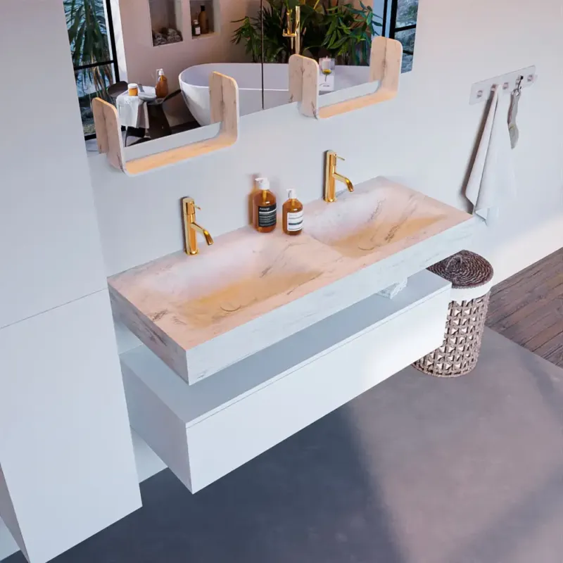 Voordeelprijs Mondiaz Alan DLux badmeubel 120cm talc 1 lade met wastafel opalo dubbel 2 kraangaten