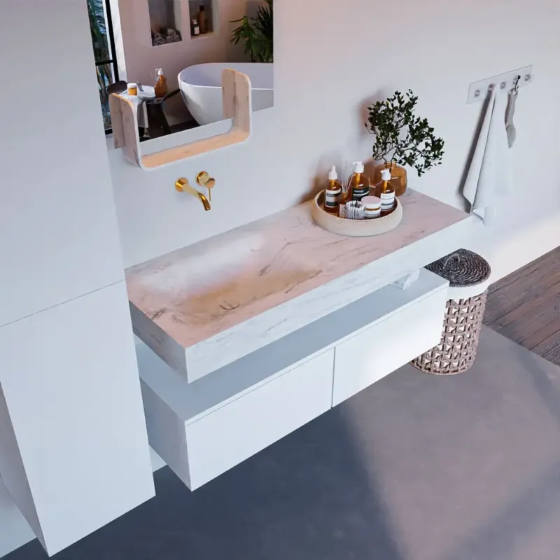 Alleen Vandaag Mondiaz Alan DLux badmeubel 120cm talc 2 lades met wastafel opalo links zonder kraangat