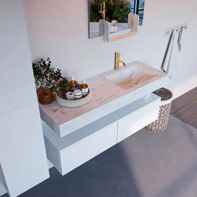 Bestseller Mondiaz Alan DLux badmeubel 130cm talc 2 lades met wastafel opalo rechts 1 kraangat