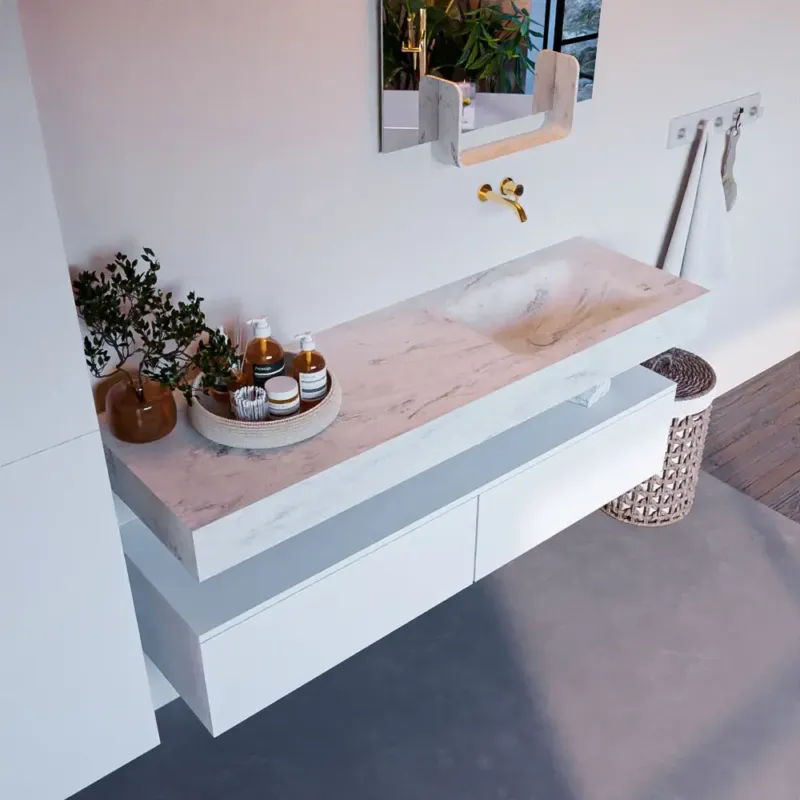 Must-Have Mondiaz Alan DLux badmeubel 150cm talc 2 lades met wastafel opalo rechts zonder kraangat