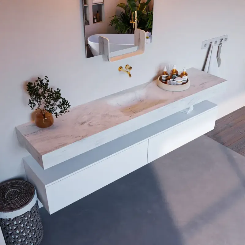 Actieprijs Mondiaz Alan DLux badmeubel 200cm talc 2 lades met wastafel opalo midden zonder kraangat