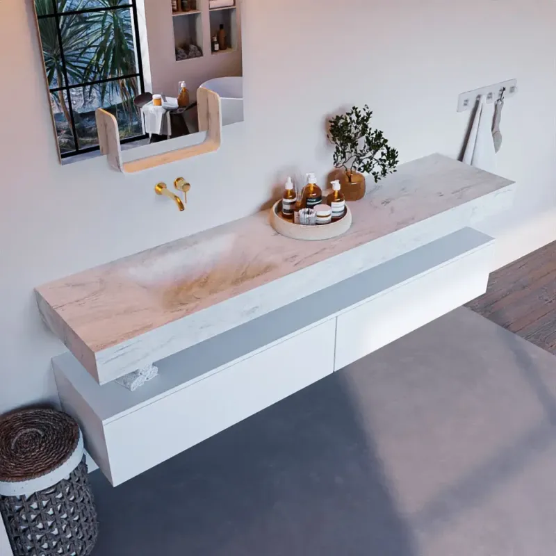 Aanbieding Mondiaz Alan DLux badmeubel 200cm talc 2 lades met wastafel opalo links zonder kraangat