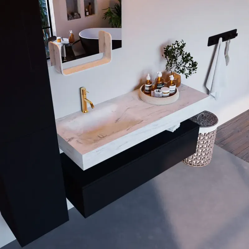 Actieprijs Mondiaz Alan DLux badmeubel 120cm urban 1 lade met wastafel opalo links 1 kraangat