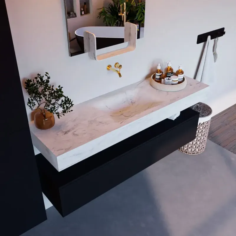 Alleen Vandaag Mondiaz Alan DLux badmeubel 150cm urban 1 lade met wastafel opalo midden zonder kraangat