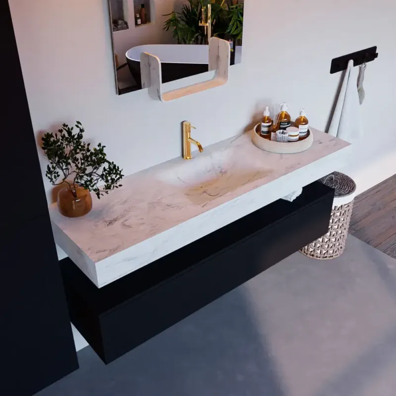 Aanbieding Mondiaz Alan DLux badmeubel 150cm urban 1 lade met wastafel opalo midden 1 kraangat