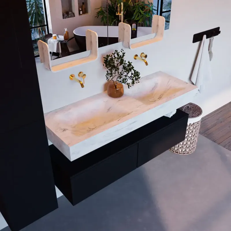 Weekendaanbieding Mondiaz Alan DLux badmeubel 130cm urban 2 lades met wastafel opalo dubbel zonder kraangat