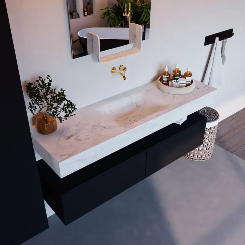 Mondiaz Alan DLux badmeubel 150cm urban 2 lades met wastafel opalo midden zonder kraangat Gratis Retour