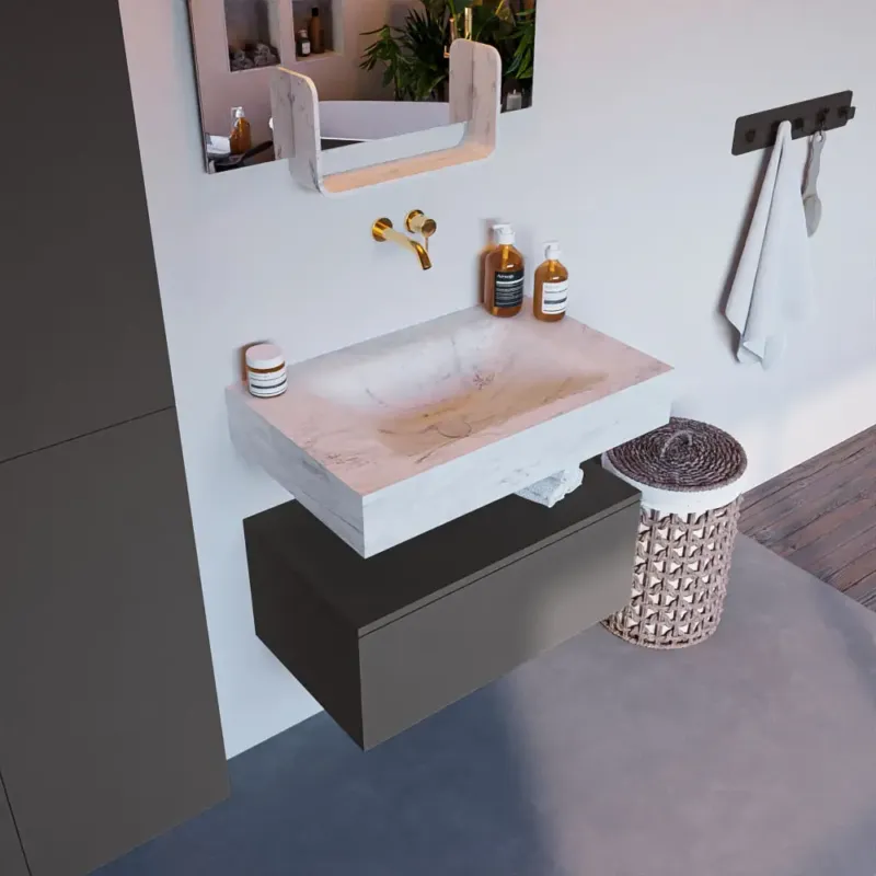 Aanbieding Mondiaz Alan DLux badmeubel 70cm dark grey 1 lade met wastafel opalo midden zonder kraangat
