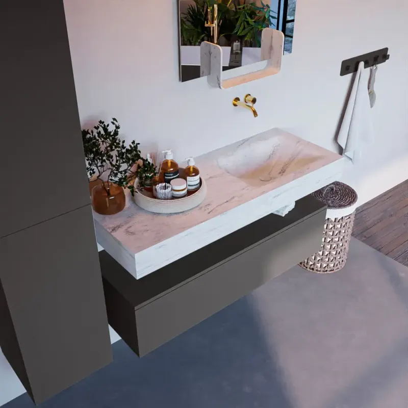 Uitverkoop Mondiaz Alan DLux badmeubel 120cm dark grey 1 lade met wastafel opalo rechts zonder kraangat